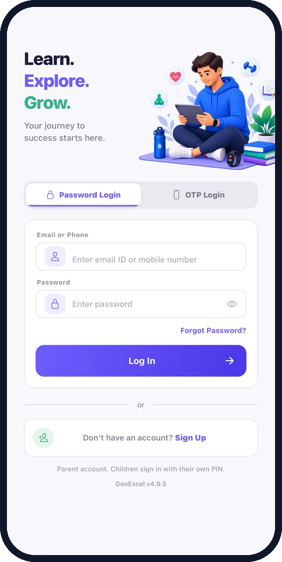 GenExcel sign-in screen: Learn. Explore. Grow.