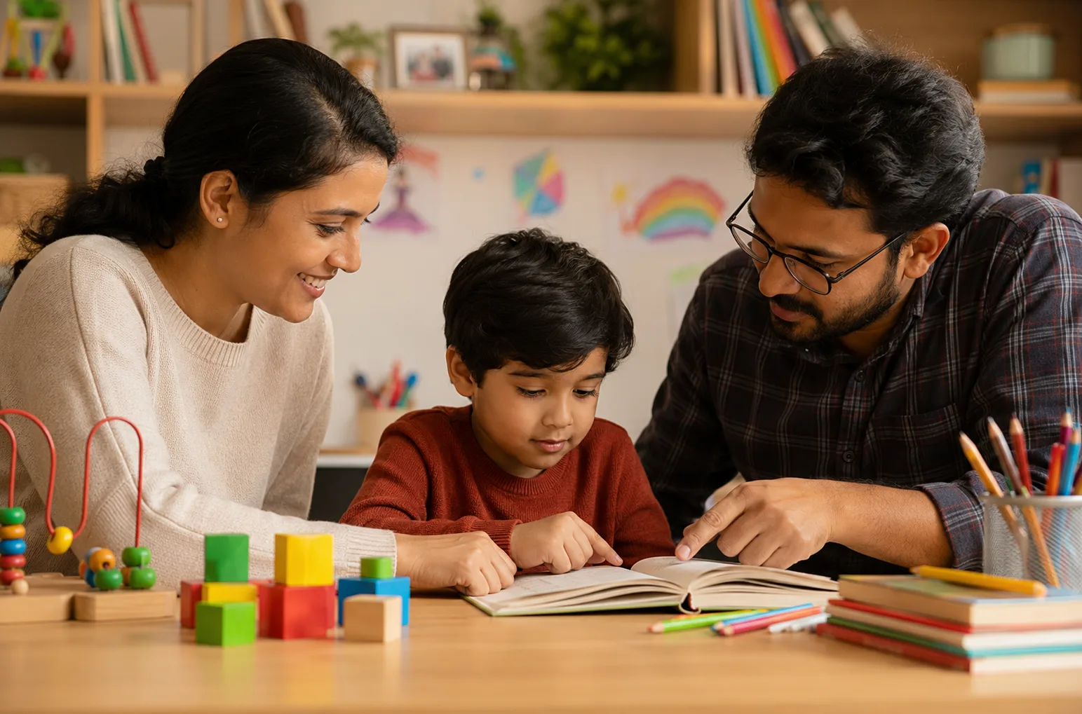 A mother and father reading a book together with their young son at a table with colourful building blocks and pencils
